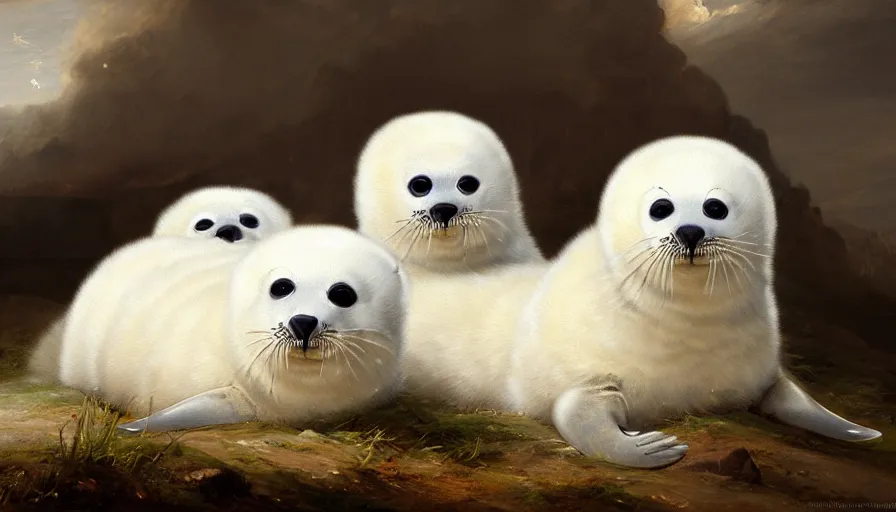 Image similar to highly detailed painting of cute furry white baby seals on an out of control cad by william turner, by greg rutkowski, by william constable, thick brush strokes and visible paint layers, 4 k resolution