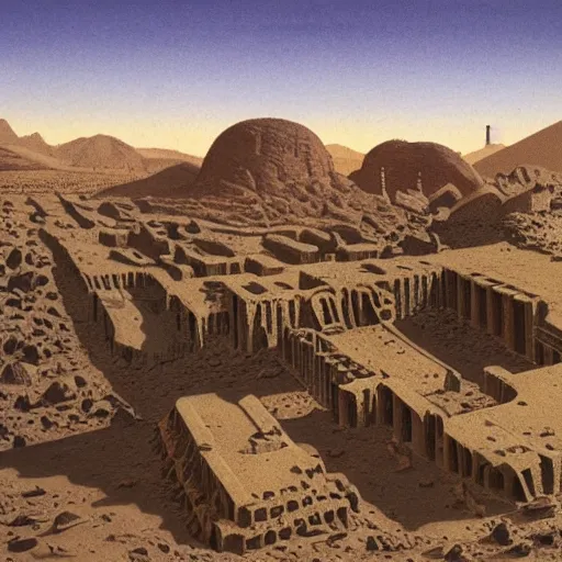 Prompt: ancient ruins under the desert, forgotten, hyper realistic, by chesley bonestell