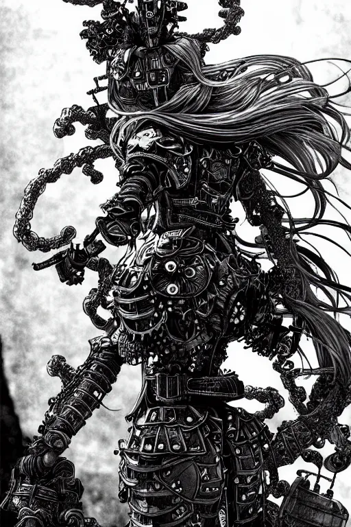 Image similar to a vertical portrait of a character in a scenic environment by yoshitaka amano and nihei tsutomu, black and white, dreamy, steampunk armor, highly detailed