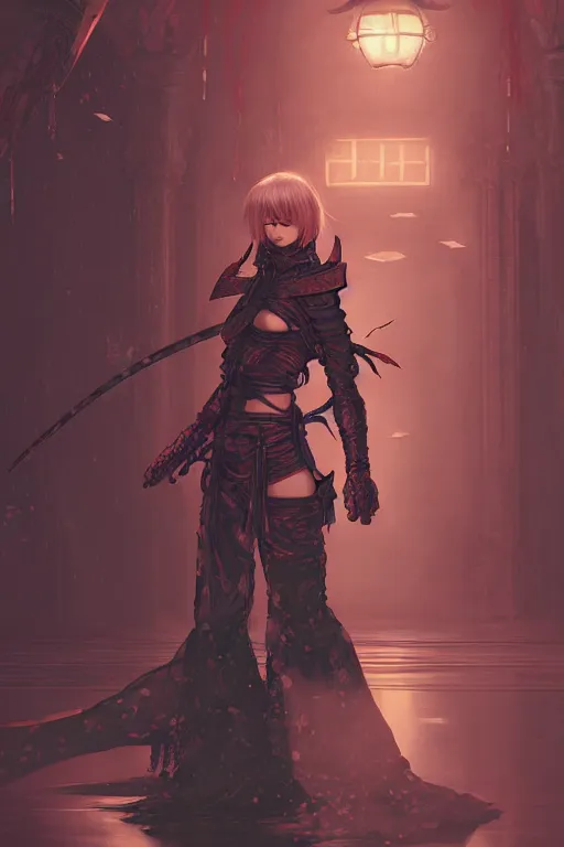 Prompt: portrait Ninja gaiden girl, ninja wardrobe, in ruin japanese rainny temple night, ssci-fi and fantasy, intricate and very very beautiful and elegant, highly detailed, digital painting, artstation, concept art, smooth and sharp focus, illustration, art by tian zi and WLOP and alphonse mucha