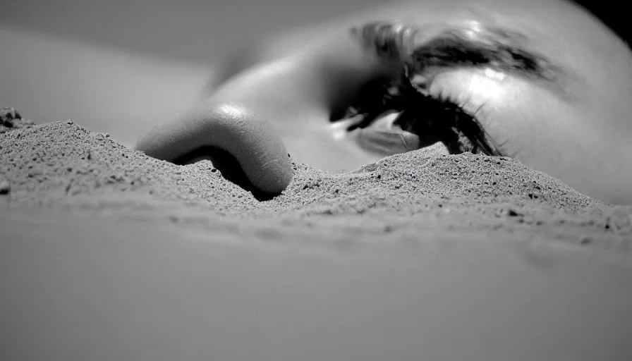 Prompt: 1 9 6 0 s movie still close up of marcus atilius regulus eyelids riped off looking directly at the sun his body buried in the sand, cinestill 8 0 0 t 3 5 mm b & w, high quality, heavy grain, high detail, texture, dramatic light, anamorphic, hyperrealistic, detailed hair