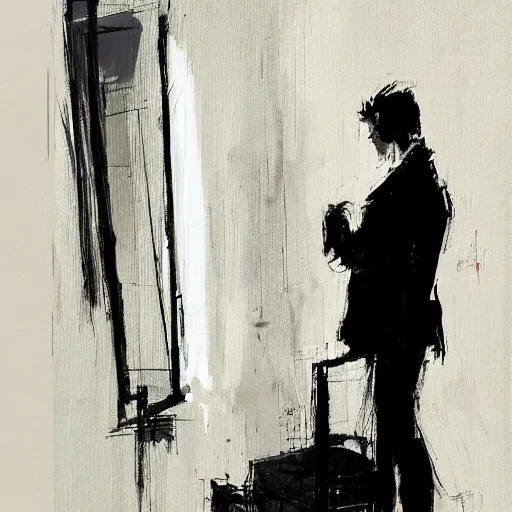 Prompt: man in room by ashley wood, black suit n - 4