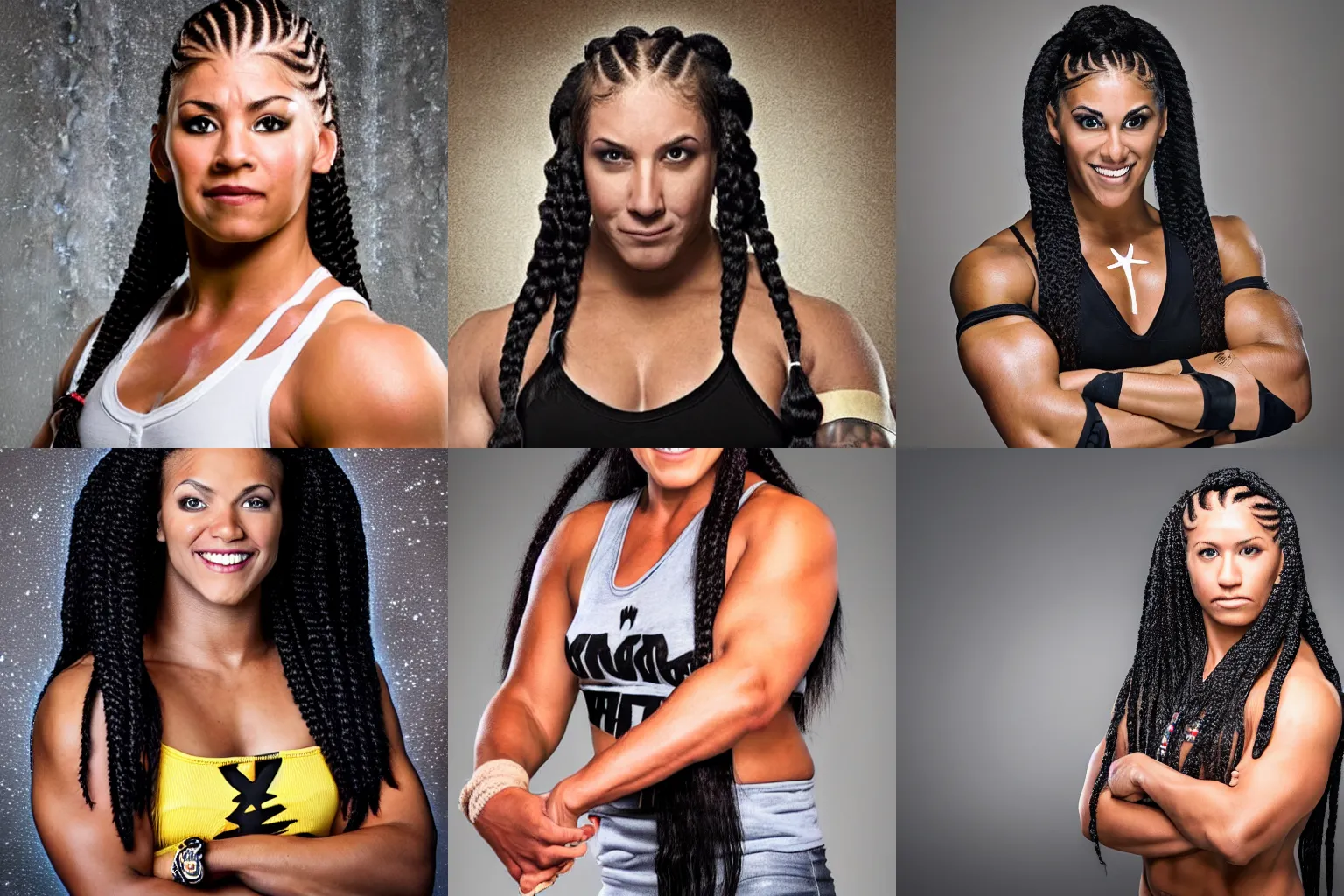 Prompt: portrait photo of the new WWE wrestler woman with braids and crossed hairy arms