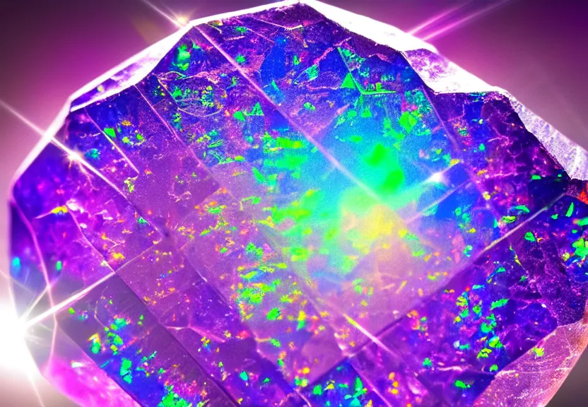 Image similar to iridescent gemstone texture with high refraction, shining, opal, diamond, sapphire, topaz, nature, photo, motion blur, macro lens, lens flare