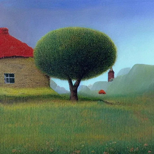 Prompt: A painting of a beautiful cottage, with a lush grass lawn, featuring a tree in the style of Beksinski