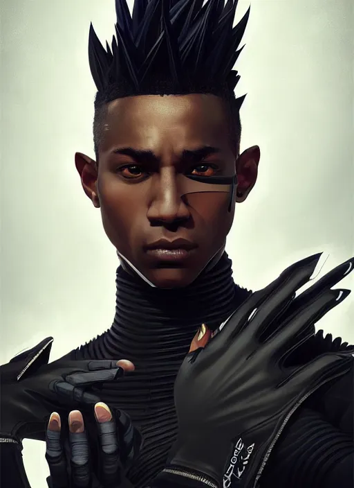 Image similar to portrait of a young black man with a mohawk and solid black irises, wearing futuristic techwear highly detailed, angular jawline, digital painting, artstation, concept art, smooth, sharp focus, illustration, art by wlop, uang guangjian and gil elvgren and sachin teng and greg rutkowski