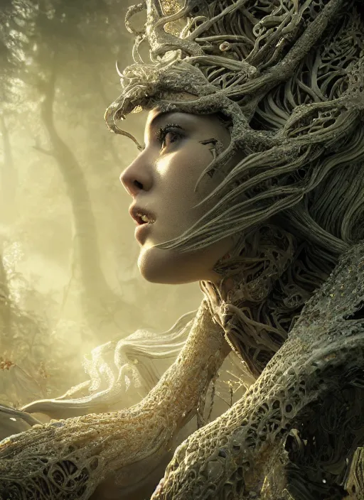 Image similar to stunning biomechanical incredible hair, masterpiece crystalline incrustations, hyperdetailed face, elegant pose, movie still, intricate, octane render, cinematic forest lighting, cgsociety, unreal engine, crepuscular rays, god rays