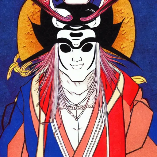 Image similar to portrait of man wearing the kabuki mask, anime fantasy illustration by tomoyuki yamasaki, kyoto studio, madhouse, ufotable, trending on artstation