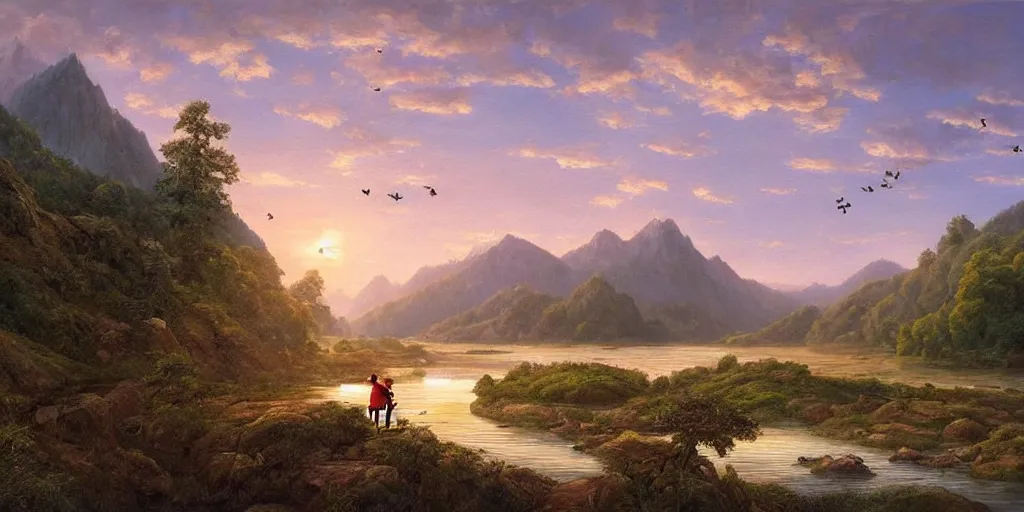 Prompt: A majestic landscape featuring a river, mountains and a forest. A group of birds is flying in the sky. There is an old man with a dog standing next to him. The man is wearing a backpack. They are both staring at the sunset. Cinematic, very beautiful, painting in the style of Winnie the pooh