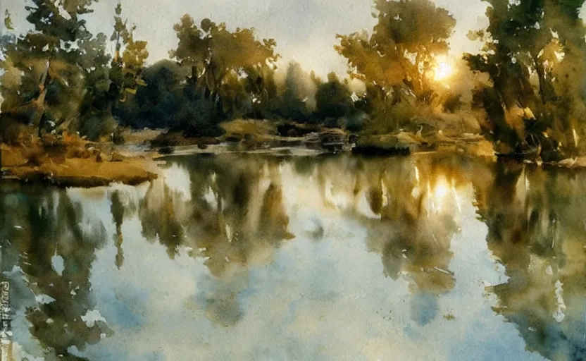 Image similar to watercolor lanscape by anders zorn, very very very very beautiful art, dramatic light, water reflections