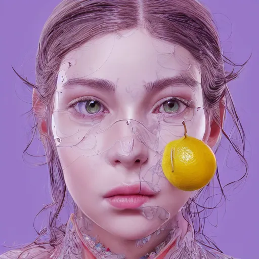 Image similar to the portrait of an absurdly beautiful, graceful, elegant, sophisticated, young teen girl made up of lemons looking up, an ultrafine hyperdetailed illustration by kim jung gi, irakli nadar, intricate linework, bright colors, octopath traveler, final fantasy, unreal engine 5 highly rendered, global illumination, radiant light, detailed and intricate environment