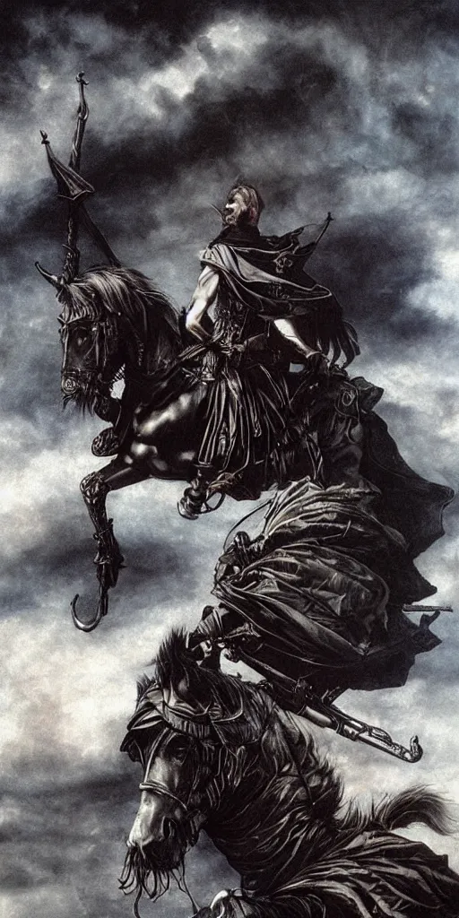 Prompt: donquixote alone in the night during a stormcloud with dramatic airbrushed clouds over black background by Luis royo and Caravaggio airbrush fantasy 80s, realistic masterpiece