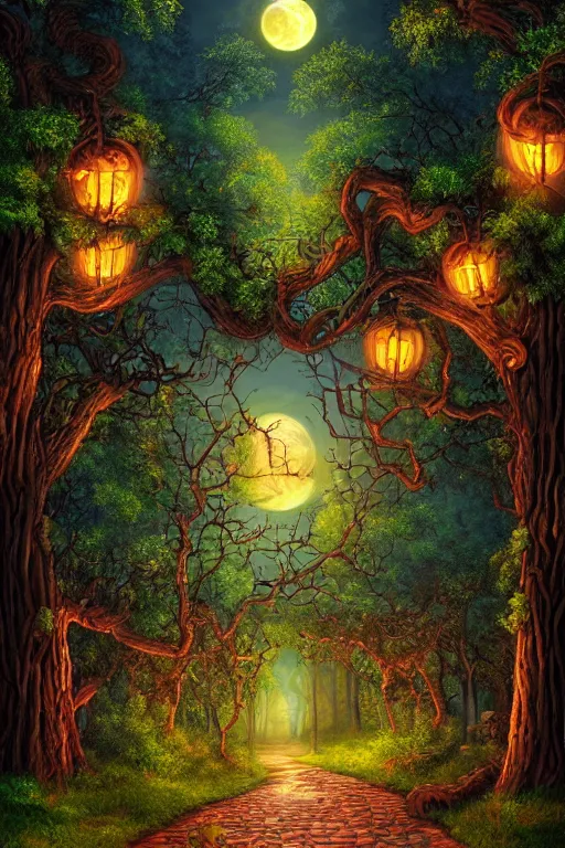 Image similar to a beautiful digital illustration painting of a detailed gothic fantasy fireflies forest trees and iron gate cobblestone pathway vines full moon by lisa frank, james gurney, 8 k resolution trending on artstation concept art digital illustration