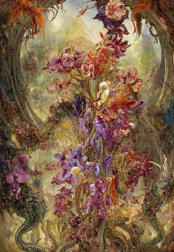 Image similar to simplicity, elegant, colorful muscular eldritch orchids, lilies, flowers radiating from fractal, mandalas, by h. r. giger and esao andrews and maria sibylla merian eugene delacroix, gustave dore, thomas moran, pop art, cyberpunk, art nouveau