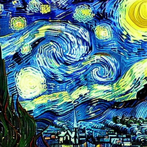 Image similar to silhouette of a flying girl with an umbrella in the style of starry nights. van gogh, cinematic composition. art station is on trend. beautiful lighting, super - detailed.