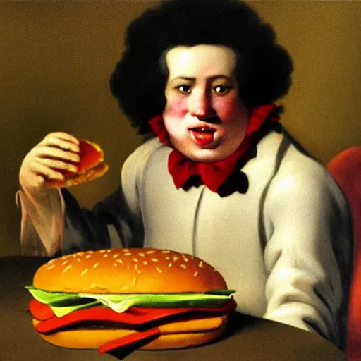 Image similar to ronald mcdonald eating a hamburger, painting by fransisco goya