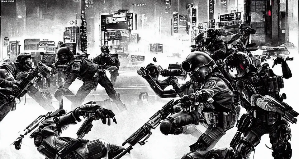 Image similar to 1989 Video Game Concept art of Neo-tokyo Cyborg bank robbers vs police FPS, Set in Tokyo Bank Parking Lot, Dark, Multiplayer set-piece Ambush, Tactical Squads :10, Police officers under heavy fire, Suppressive fire, Pinned down, Destructible Environments, Gunshots, Headshot, Bullet Holes and Anime Blood Splatter, :10 Gas Grenades, Riot Shields, MP5, AK47, MP7, P90, Chaos, Anime Machine Gun Fire, Gunplay, Shootout, :14 Akira art style :17, Created by Katsuhiro Otomo + miHoYo: 20