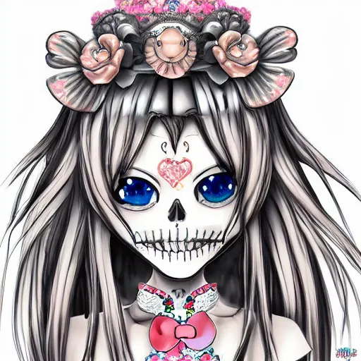 Image similar to anime manga skull portrait young woman skeleton, hello kitty, elegant, highly detailed, digital art, art by singer sergeant rolf harris