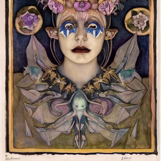 Image similar to the bone crown coronation, by Annie Swynnerton and Nicholas Roerich and (((Diego Rivera))) and (((Edmund Dulac))), bioluminescent skin, floral tattoos, goth costume, geometric ornament, symbolist, rich colors, dramatic lighting, smooth, sharp focus, extremely detailed