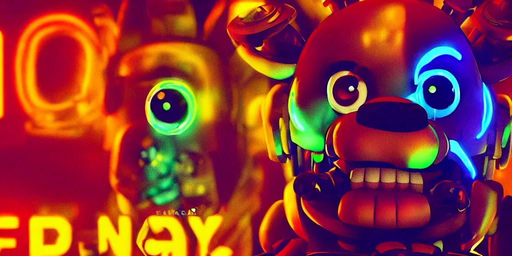 Image similar to fnaf freddy, cyberpunk, rgb, neon, hd, cinematic,