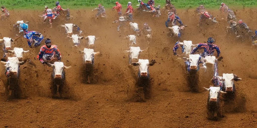 Prompt: a herd of cows, racing on a motocross track