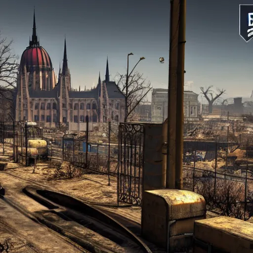 Image similar to fallout 5 set in budapest, game screenshot, 4 k, high detail