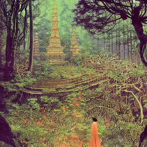 Image similar to a simple concept art of an ancient temple in the forest, an award winning yoshitaka amano digital art poster, by, james gurney and gerhard richter. art by takato yamamoto. masterpiece, deep colours.