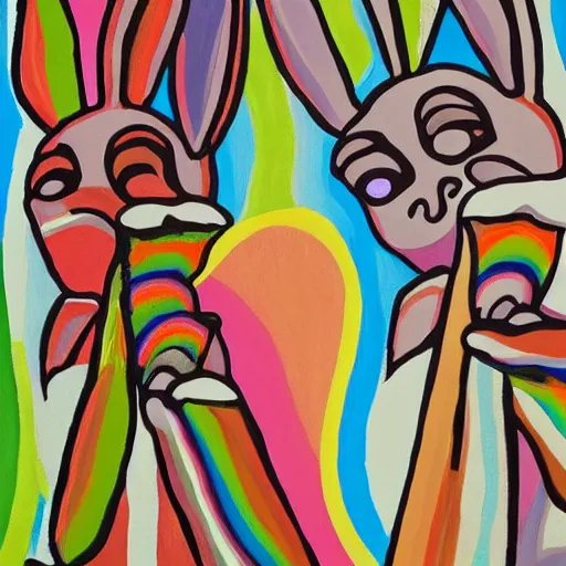 Image similar to A woman puking rainbow bunnies painted by Alice Neel