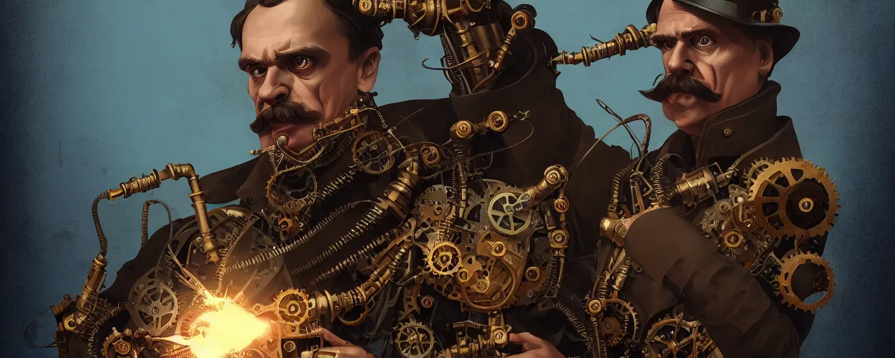 Image similar to duotone dark concept illustration 3 / 4 portrait of friedrich nietzsche as steampunk cyborg holding dynamite. highly detailed mechanism cinematic lighting. fibonacci golden ratio accidental renaissance. by sachin teng and sergey kolesov and ruan jia and heng z. graffiti art, scifi, fantasy, hyper detailed. octane render. concept art. trending on artstation