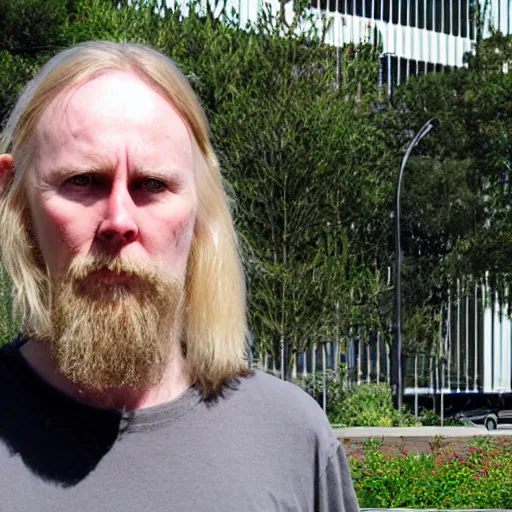 Prompt: varg vikernes standing outside ucsd geisel library