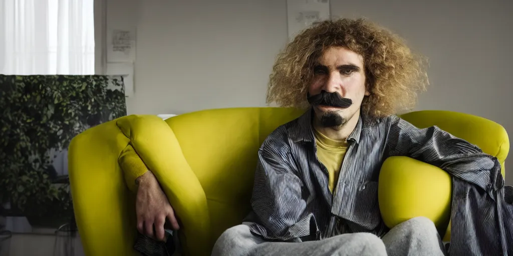 Image similar to french white man with puffy hair, mustache and a green sitting on a black chair in his room looking at the camera, photorealistic, webcam, yellow lightning