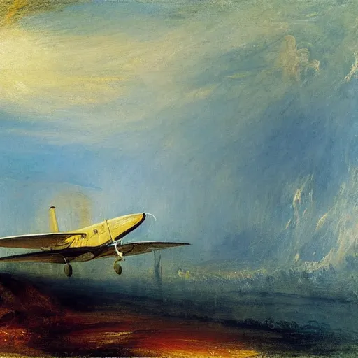 Prompt: painting by J M W Turner of an aeroplane