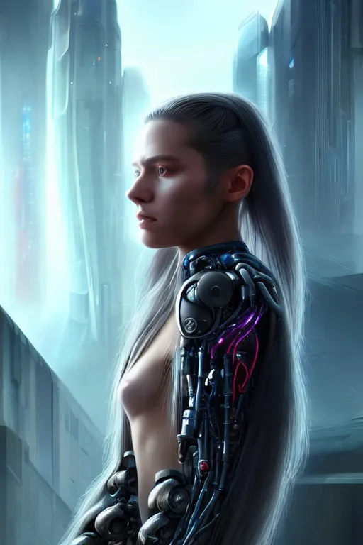 Image similar to a portrait of a beautiful 28th century super cool post-human female very young with long hair, barely human and largely biomechanical cyberpunk, hyper-realistic, very detailed unreal engine, by Artgerm, WLOP and Ross Thran, dramatic cinematic lighting rendered by octane, 8k, detailed, trending on artstation, deviantart google images, pinterest