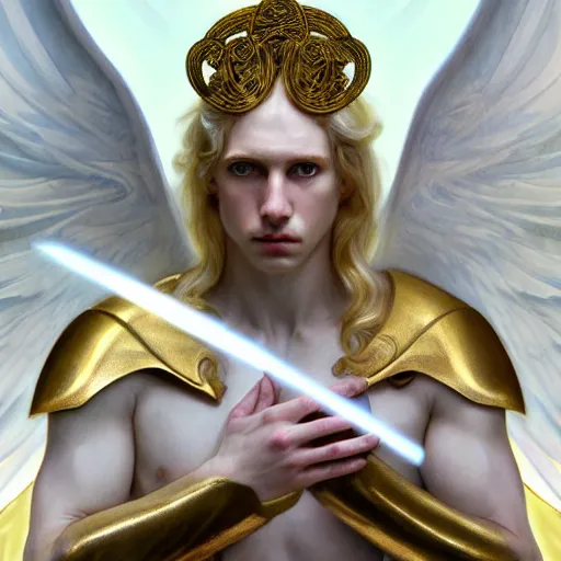 Image similar to the pale blond male angel of battle lucius wearing a white periwinkle, sci fi, glowing eyes, volumetric lights, gold theme, art nouveau botanicals, intricate, highly detailed, digital painting, artstation, concept art, smooth, sharp focus, cinematic, illustration, beautiful face, art by artgerm and greg rutkowski and alphonse mucha