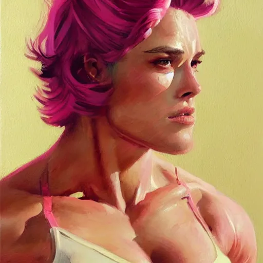 Image similar to greg manchess portrait painting of confident keira knightley with pink hair as beautiful thick female bodybuilder zarya from overwatch, medium shot, asymmetrical, profile picture, organic painting, sunny day, matte painting, bold shapes, hard edges, street art, trending on artstation, by huang guangjian and gil elvgren and sachin teng