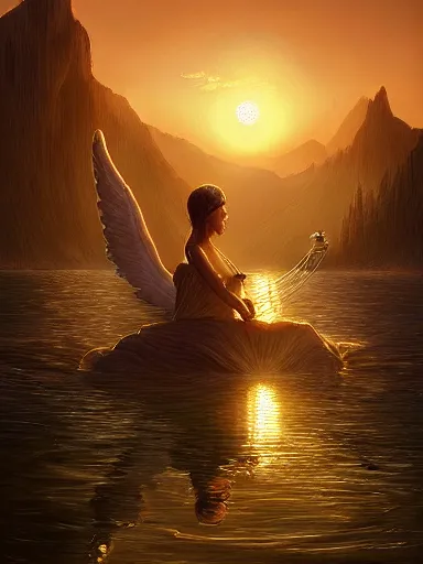 Image similar to an angel, holding 2 golden cups in a lake with the sun rising above the mountains in the background. intricate, elegant, highly detailed, digital painting, artstation, concept art, sharp focus, illustration, by justin gerard and artgerm, 8 k