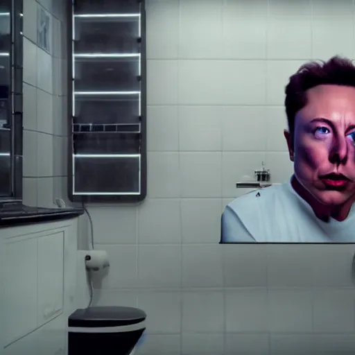 Image similar to hyperrealism aesthetic ridley scott and denis villeneuve style photography of a detailed giant elon musk, siting on a detailed ultra huge toilet and scrolling his smartphone in hyperrealism scene from detailed art house movie in style of alejandro jodorowsky and wes anderson