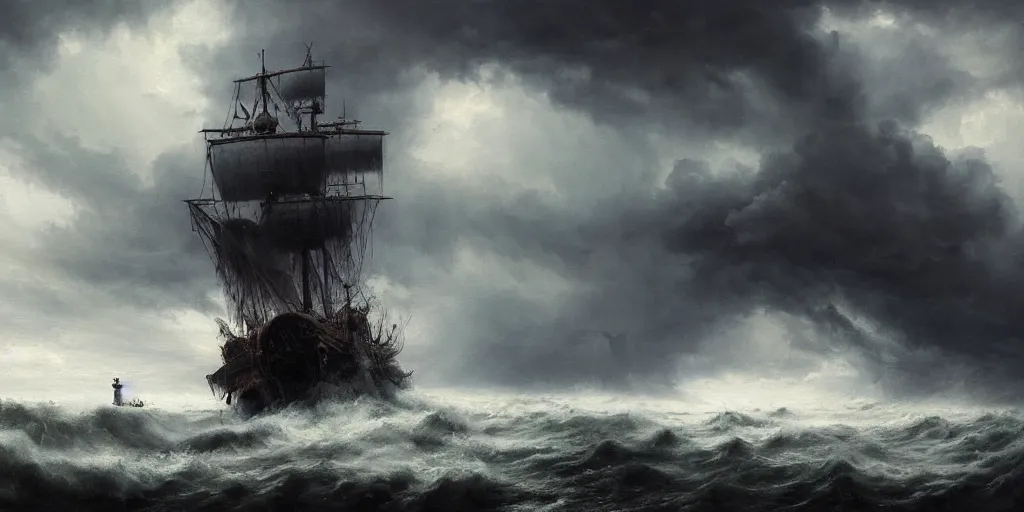 Image similar to A hyper realistic oil painting of a pirate ship in a storm, dark clouds above, fog, lightning lights the sky, by Greg Rutkowski, hyper detailed, trending on artstation