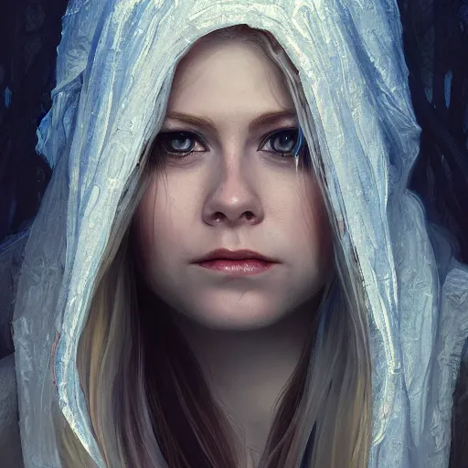 Image similar to perfectly - centered - portrait of avril lavigne wearing white cloak holding light saber, intricate, highly detailed, digital painting, artstation, concept art, smooth, sharp focus, illustration, unreal engine 5, 8 k, art by artgerm and greg rutkowski and alphonse mucha