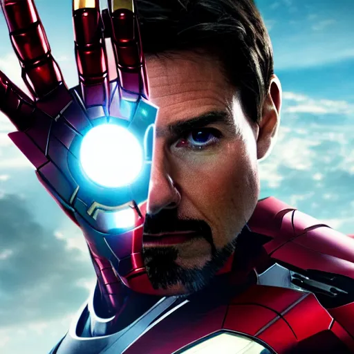 Image similar to tom cruise as iron man, cinematic lighting, 8k, marvel movie,