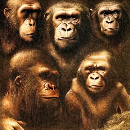 Prompt: apes strong together by leonardo davinci