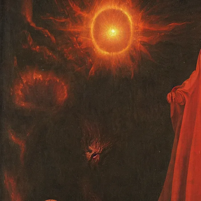 Prompt: a closeup portrait of a cloaked woman floating next to a demon nebula, demon nebula, by jan van eyck