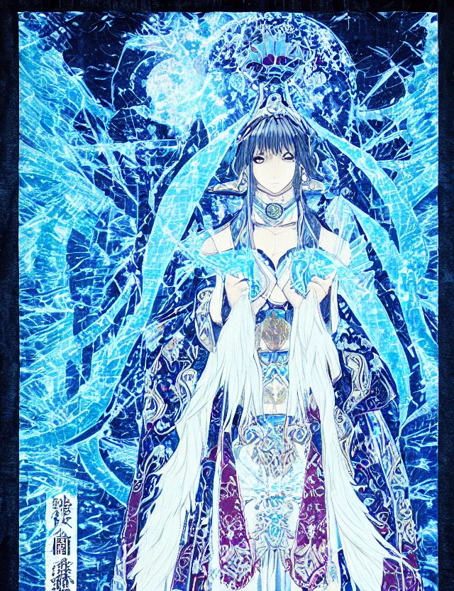 Prompt: priestess of the ice temple. embroidered tapestry by the award - winning mangaka, bloom, chiaroscuro, backlighting, depth of field.