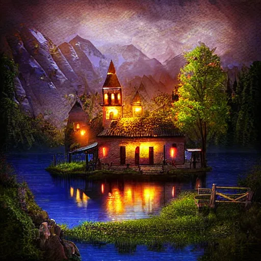 Prompt: a lamplit village on the coast of a lake, deep underground digital art