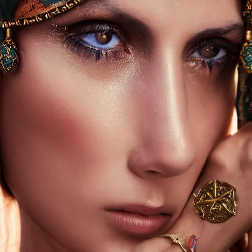 Image similar to portrait of a stunningly beautiful arabic tribal female, depth of field, zeiss lens, detailed, symmetrical, centered, fashion photoshoot, by Annie Leibovitz and Steve McCurry, David Lazar, Jimmy Nelsson, Breathtaking, 8k resolution, extremely detailed, beautiful, establishing shot, artistic, hyperrealistic, beautiful face, octane render