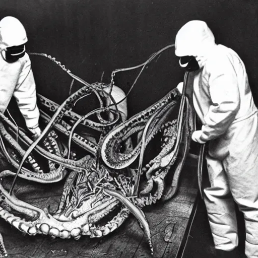 Prompt: old black and white photo, 1 9 1 3, depicting scientists in hazmat suits dissecting an alien biomechanical octopus, historical record