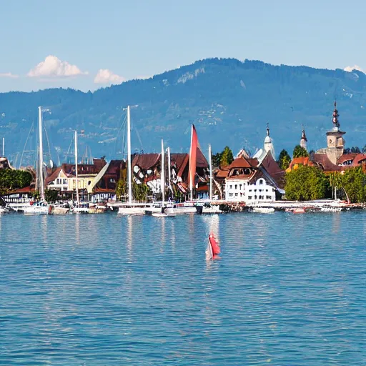 Prompt: lindau, lake of constance, germany, summer time, mountain view, sailing ships