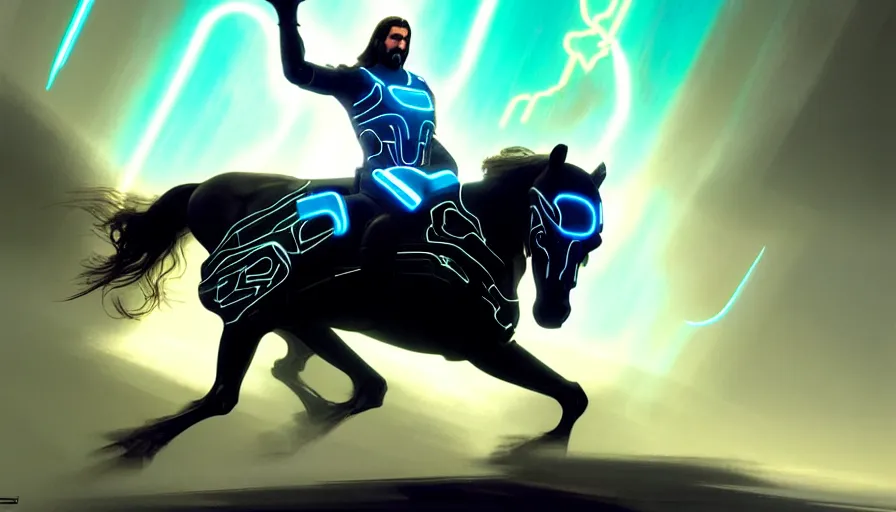 Image similar to tron legacy jesus riding cyborg horse, face, diffuse lighting, hyper realistic, concept art, intricate, hyper detailed, smooth, sharp focus, illustration, trending on artstation, art by greg rutkowski and james gurney and alphonse mucha