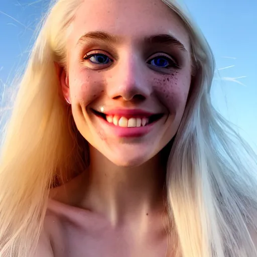 Image similar to beautiful selfie of a cute thin young woman smiling smugly, long light platinum blonde hair, flushed face, small heart - shaped face, cute freckles, light blue eyes, golden hour, 8 k, instagram