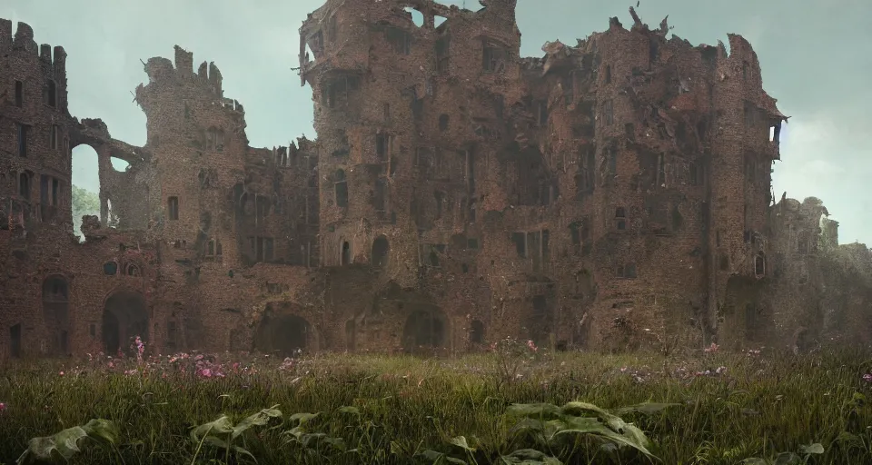 Prompt: A giant ancient medieval castle in ruins, overgrown by the jungle by zdzisław beksiński, rendered by Beeple, Makoto Shinkai, syd meade, simon stålenhag, environment concept, digital art, unreal engine, WLOP, trending on artstation, 4K UHD image, octane render,